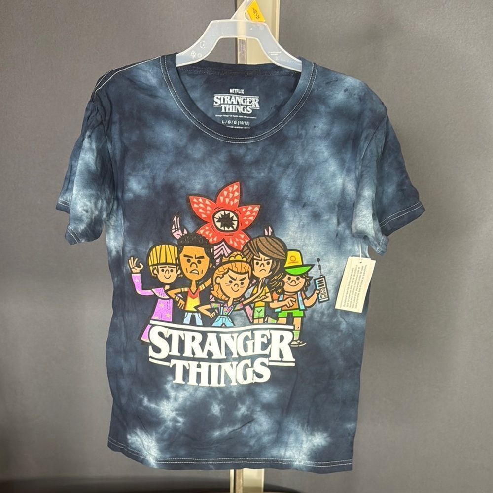 Netflix Stranger Things Kids Unisex Blue Tie-Dye T-Shirt Size L 10-12 NEW
